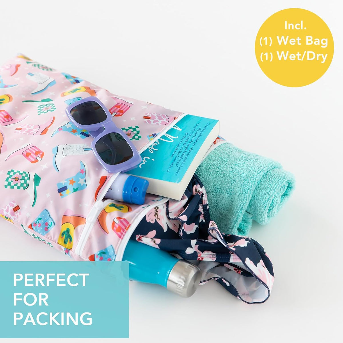 Waterproof Wet and Wetdry Bags - For Beach, Baby, Travel, Swim Suit, Cloth Diapers, Pump Parts, Pool, Gym, Toiletries - Reusable & Easy to Clean - Watercolor Floral - 2 Pack