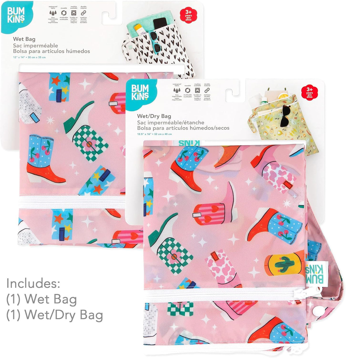 Waterproof Wet and Wetdry Bags - For Beach, Baby, Travel, Swim Suit, Cloth Diapers, Pump Parts, Pool, Gym, Toiletries - Reusable & Easy to Clean - Watercolor Floral - 2 Pack