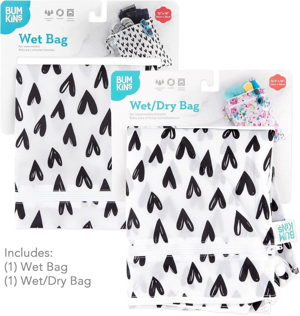 Waterproof Wet and Wetdry Bags - For Beach, Baby, Travel, Swim Suit, Cloth Diapers, Pump Parts, Pool, Gym, Toiletries - Reusable & Easy to Clean - Watercolor Floral - 2 Pack
