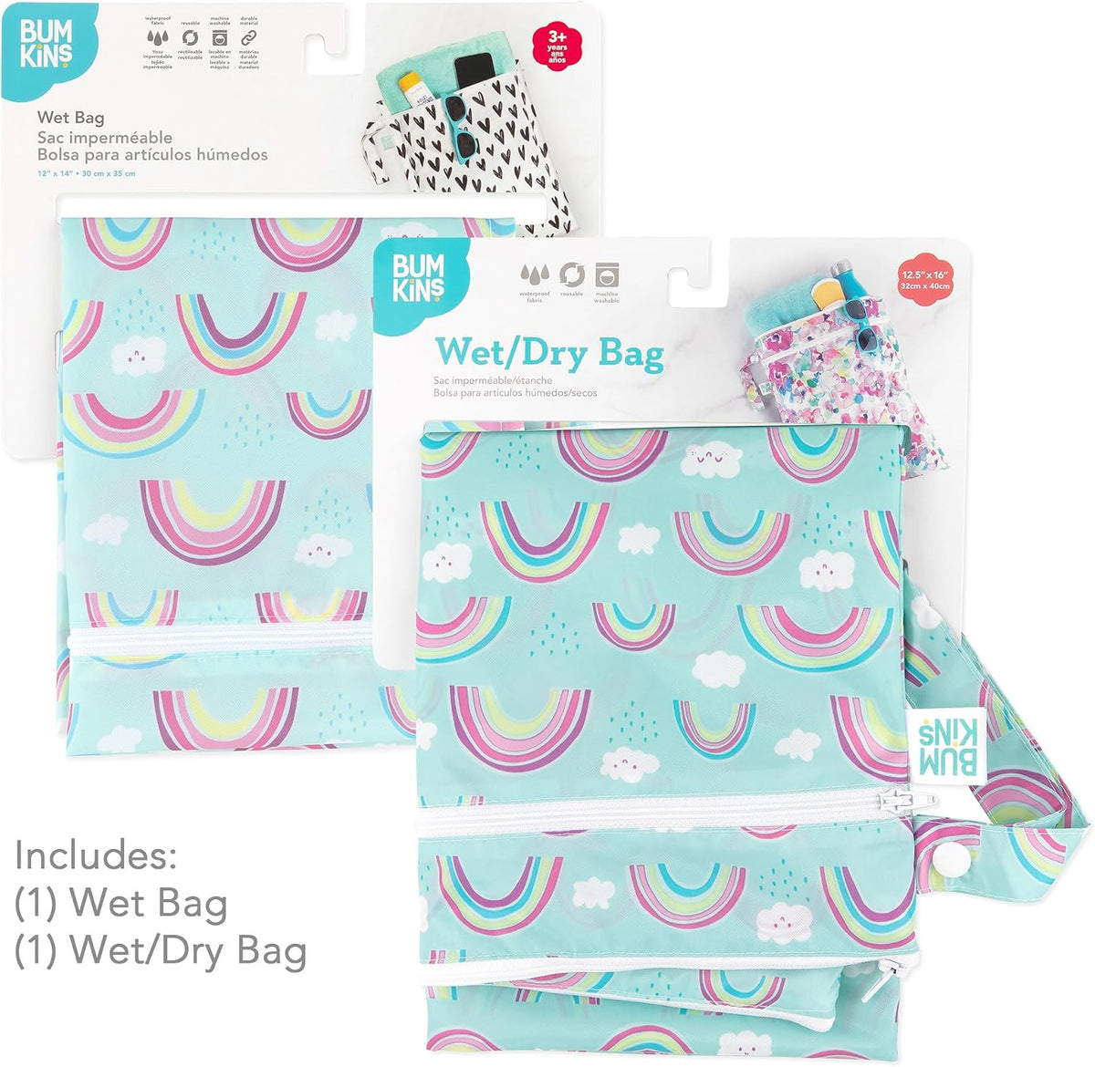 Waterproof Wet and Wetdry Bags - For Beach, Baby, Travel, Swim Suit, Cloth Diapers, Pump Parts, Pool, Gym, Toiletries - Reusable & Easy to Clean - Watercolor Floral - 2 Pack
