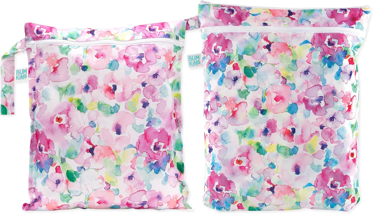 Waterproof Wet and Wetdry Bags - For Beach, Baby, Travel, Swim Suit, Cloth Diapers, Pump Parts, Pool, Gym, Toiletries - Reusable & Easy to Clean - Watercolor Floral - 2 Pack