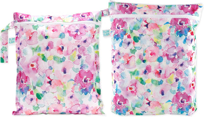 Waterproof Wet and Wetdry Bags - For Beach, Baby, Travel, Swim Suit, Cloth Diapers, Pump Parts, Pool, Gym, Toiletries - Reusable & Easy to Clean - Watercolor Floral - 2 Pack
