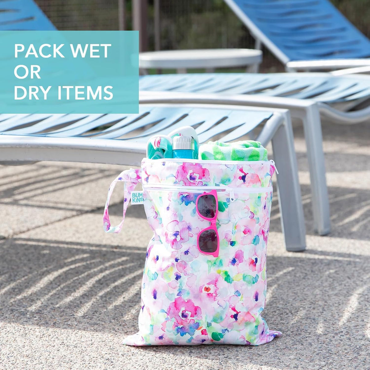 Waterproof Wet and Wetdry Bags - For Beach, Baby, Travel, Swim Suit, Cloth Diapers, Pump Parts, Pool, Gym, Toiletries - Reusable & Easy to Clean - Watercolor Floral - 2 Pack