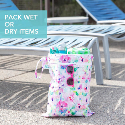Waterproof Wet and Wetdry Bags - For Beach, Baby, Travel, Swim Suit, Cloth Diapers, Pump Parts, Pool, Gym, Toiletries - Reusable & Easy to Clean - Watercolor Floral - 2 Pack