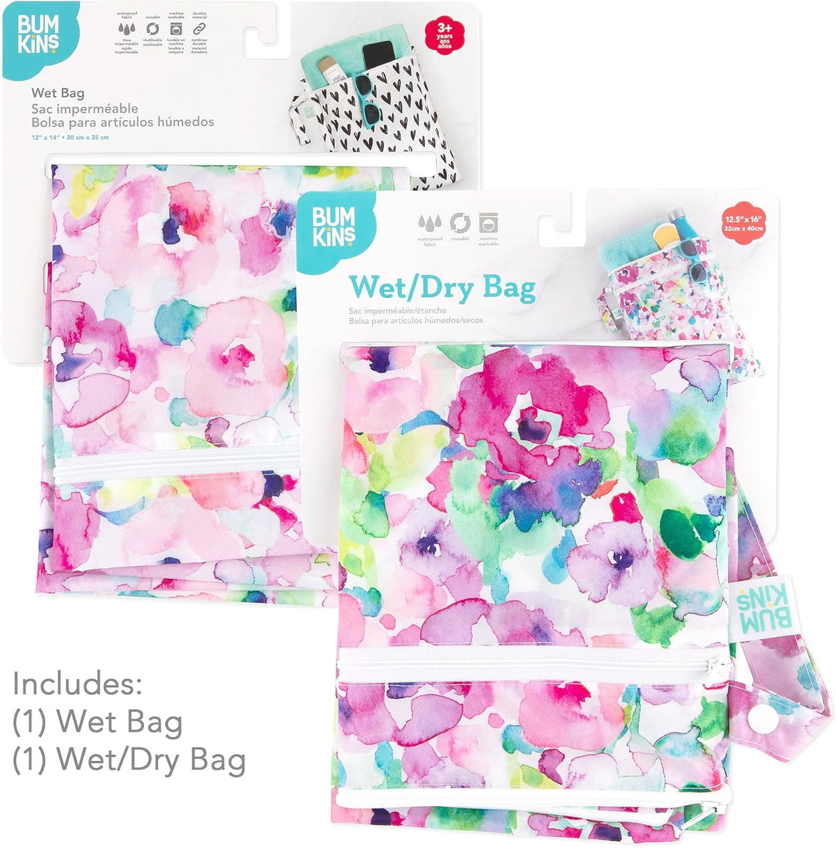 Waterproof Wet and Wetdry Bags - For Beach, Baby, Travel, Swim Suit, Cloth Diapers, Pump Parts, Pool, Gym, Toiletries - Reusable & Easy to Clean - Watercolor Floral - 2 Pack