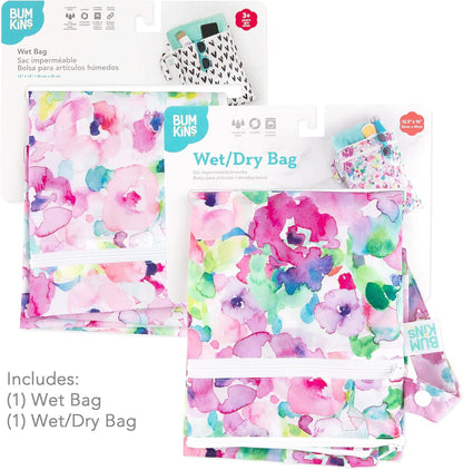 Waterproof Wet and Wetdry Bags - For Beach, Baby, Travel, Swim Suit, Cloth Diapers, Pump Parts, Pool, Gym, Toiletries - Reusable & Easy to Clean - Watercolor Floral - 2 Pack