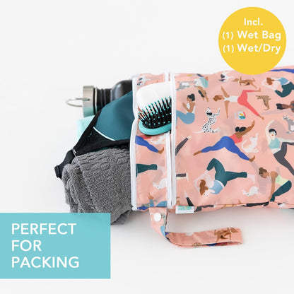 Waterproof Wet and Wetdry Bags - For Beach, Baby, Travel, Swim Suit, Cloth Diapers, Pump Parts, Pool, Gym, Toiletries - Reusable & Easy to Clean - Watercolor Floral - 2 Pack
