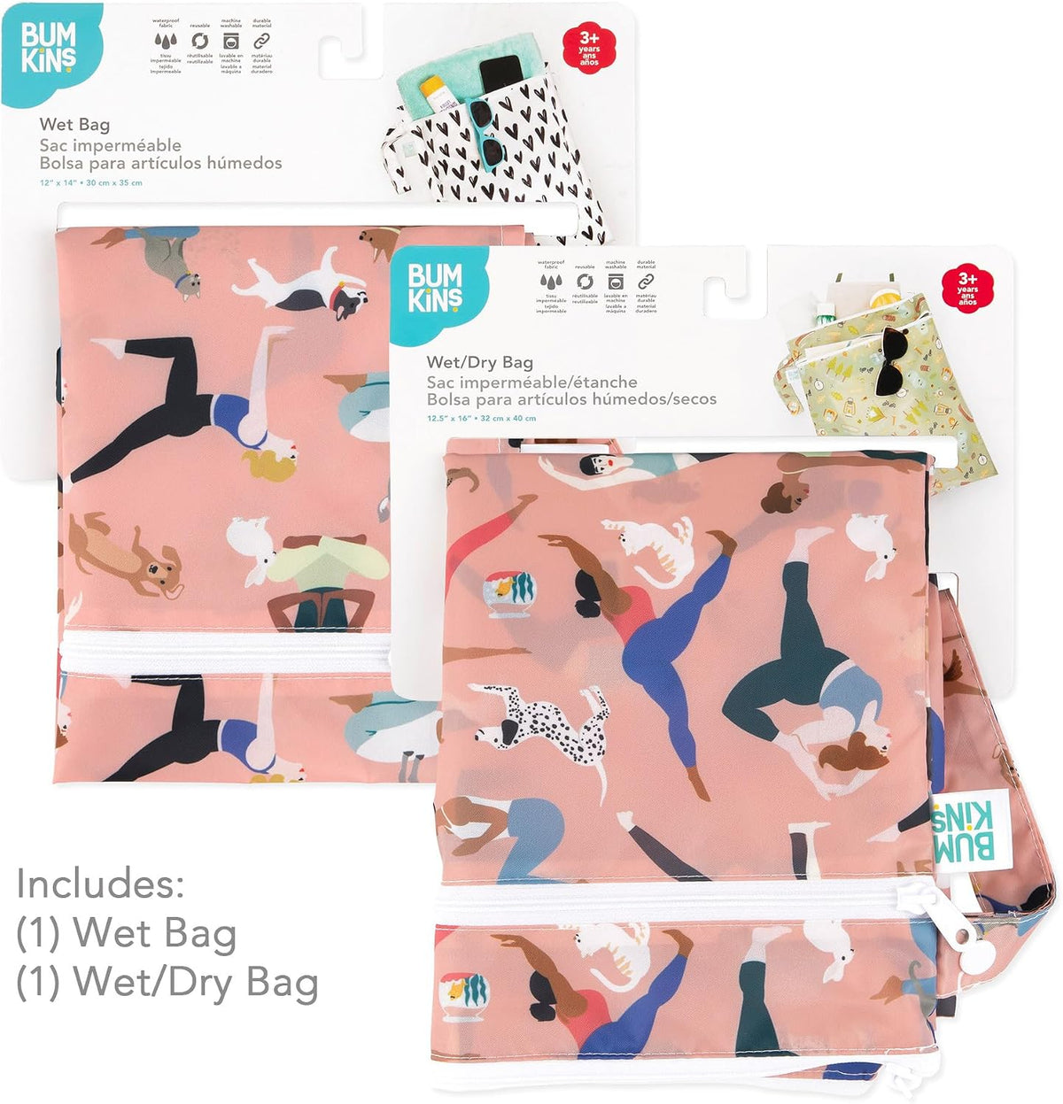 Waterproof Wet and Wetdry Bags - For Beach, Baby, Travel, Swim Suit, Cloth Diapers, Pump Parts, Pool, Gym, Toiletries - Reusable & Easy to Clean - Watercolor Floral - 2 Pack