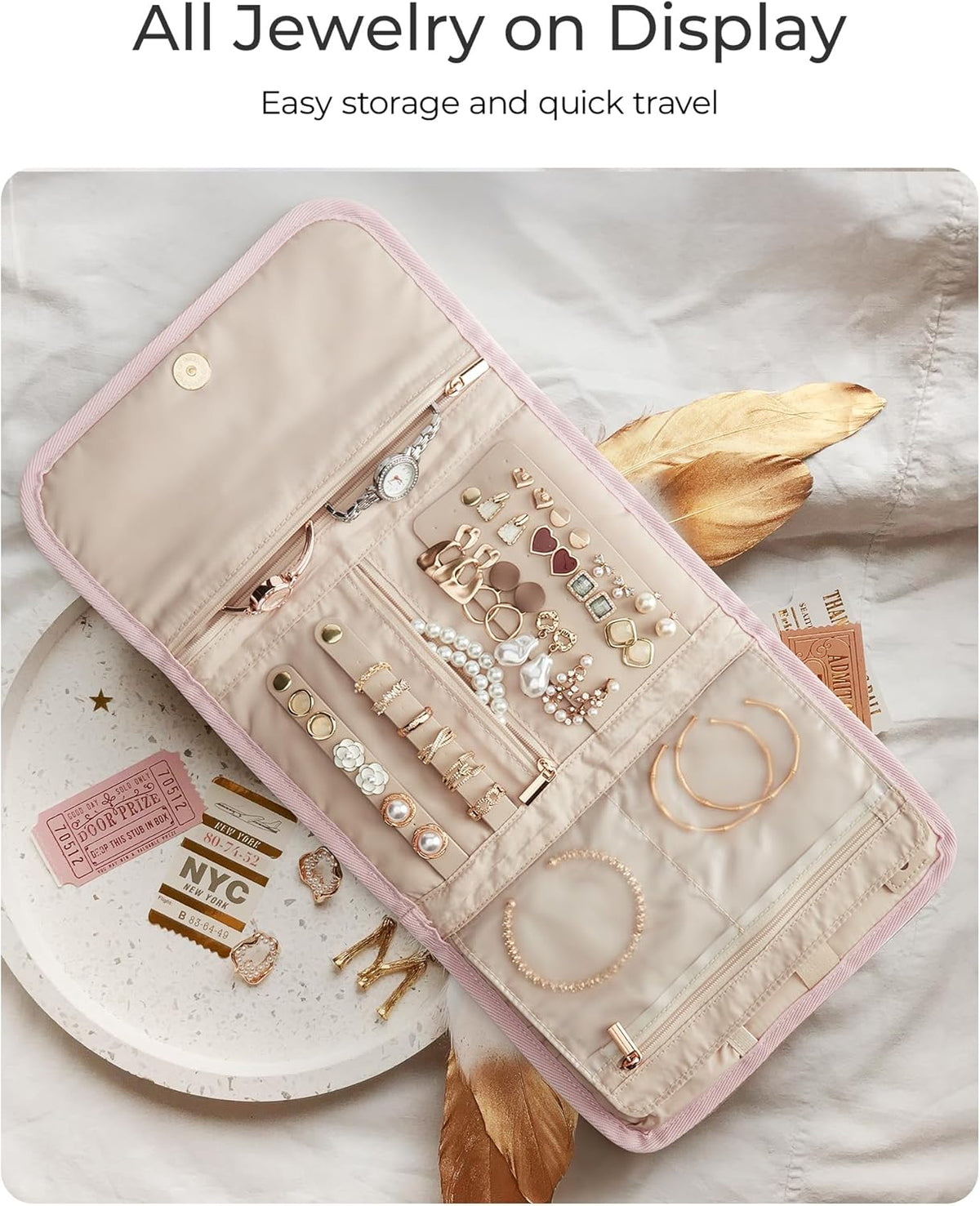 Travel Jewelry Organizer Case, Foldable Jewelry Roll for Necklaces, Earrings, Journey-Rings, Bracelets, Brooches, Portable, Khaki