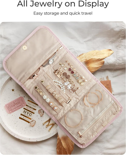 Travel Jewelry Organizer Case, Foldable Jewelry Roll for Necklaces, Earrings, Journey-Rings, Bracelets, Brooches, Portable, Khaki