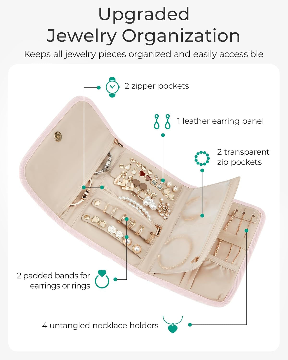 Travel Jewelry Organizer Case, Foldable Jewelry Roll for Necklaces, Earrings, Journey-Rings, Bracelets, Brooches, Portable, Khaki