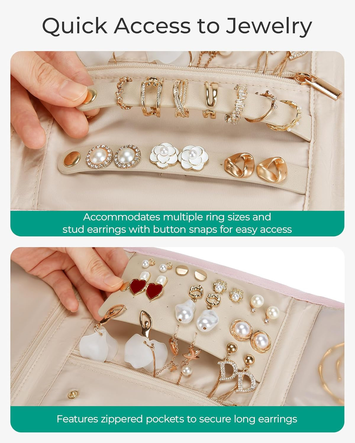 Travel Jewelry Organizer Case, Foldable Jewelry Roll for Necklaces, Earrings, Journey-Rings, Bracelets, Brooches, Portable, Khaki