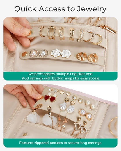 Travel Jewelry Organizer Case, Foldable Jewelry Roll for Necklaces, Earrings, Journey-Rings, Bracelets, Brooches, Portable, Khaki