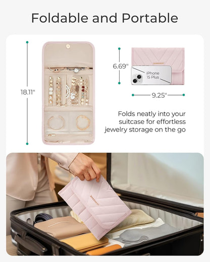Travel Jewelry Organizer Case, Foldable Jewelry Roll for Necklaces, Earrings, Journey-Rings, Bracelets, Brooches, Portable, Khaki