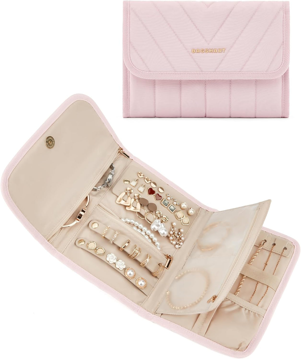 Travel Jewelry Organizer Case, Foldable Jewelry Roll for Necklaces, Earrings, Journey-Rings, Bracelets, Brooches, Portable, Khaki