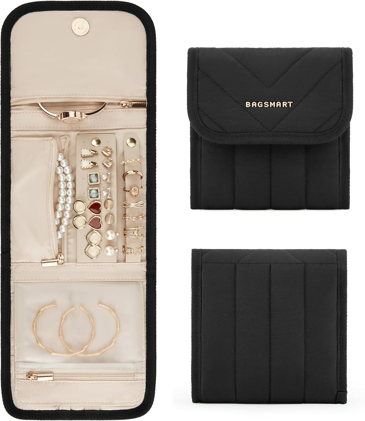 Travel Jewelry Organizer Case, Foldable Jewelry Roll for Necklaces, Earrings, Journey-Rings, Bracelets, Brooches, Portable, Khaki