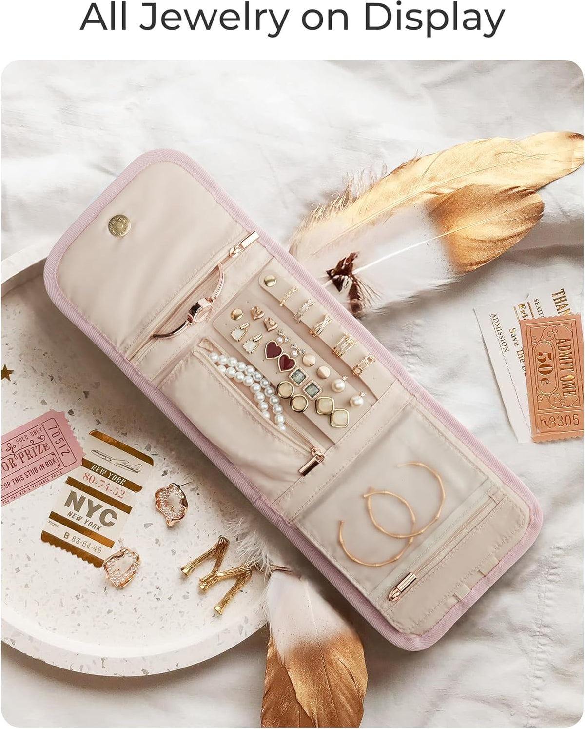 Travel Jewelry Organizer Case, Foldable Jewelry Roll for Necklaces, Earrings, Journey-Rings, Bracelets, Brooches, Portable, Khaki