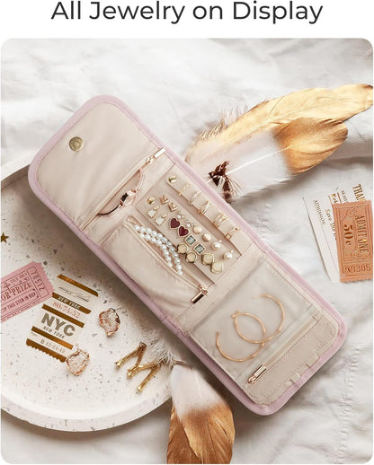 Travel Jewelry Organizer Case, Foldable Jewelry Roll for Necklaces, Earrings, Journey-Rings, Bracelets, Brooches, Portable, Khaki