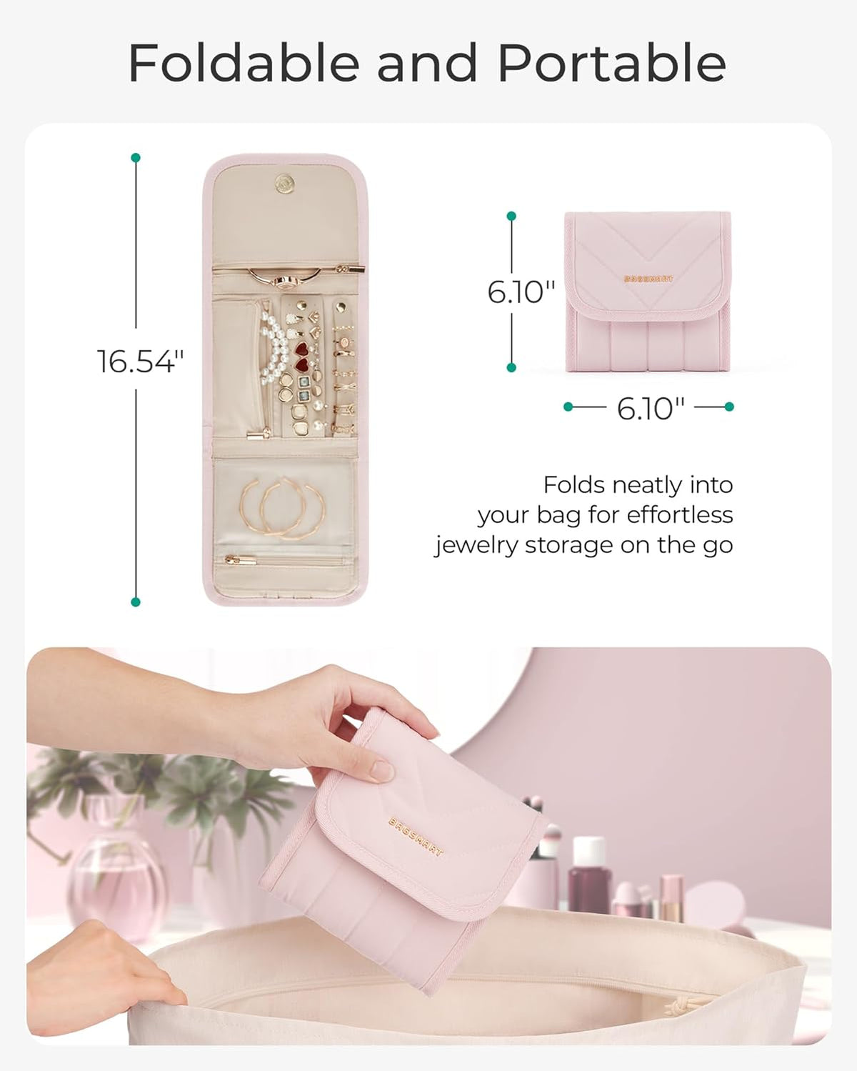 Travel Jewelry Organizer Case, Foldable Jewelry Roll for Necklaces, Earrings, Journey-Rings, Bracelets, Brooches, Portable, Khaki