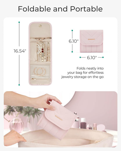 Travel Jewelry Organizer Case, Foldable Jewelry Roll for Necklaces, Earrings, Journey-Rings, Bracelets, Brooches, Portable, Khaki