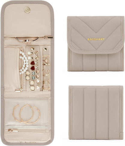 Travel Jewelry Organizer Case, Foldable Jewelry Roll for Necklaces, Earrings, Journey-Rings, Bracelets, Brooches, Portable, Khaki