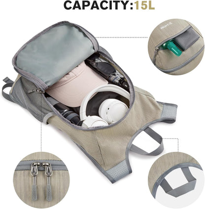 15L Hiking Daypack Lightweight Travel Backpack Packable Outdoor Casual Foldable Shoulder Bag (Beige)