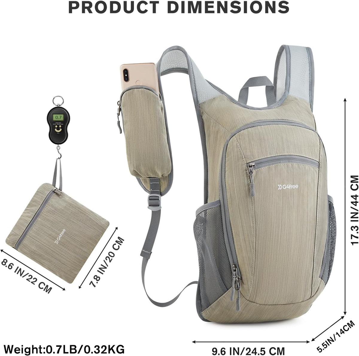 15L Hiking Daypack Lightweight Travel Backpack Packable Outdoor Casual Foldable Shoulder Bag (Beige)