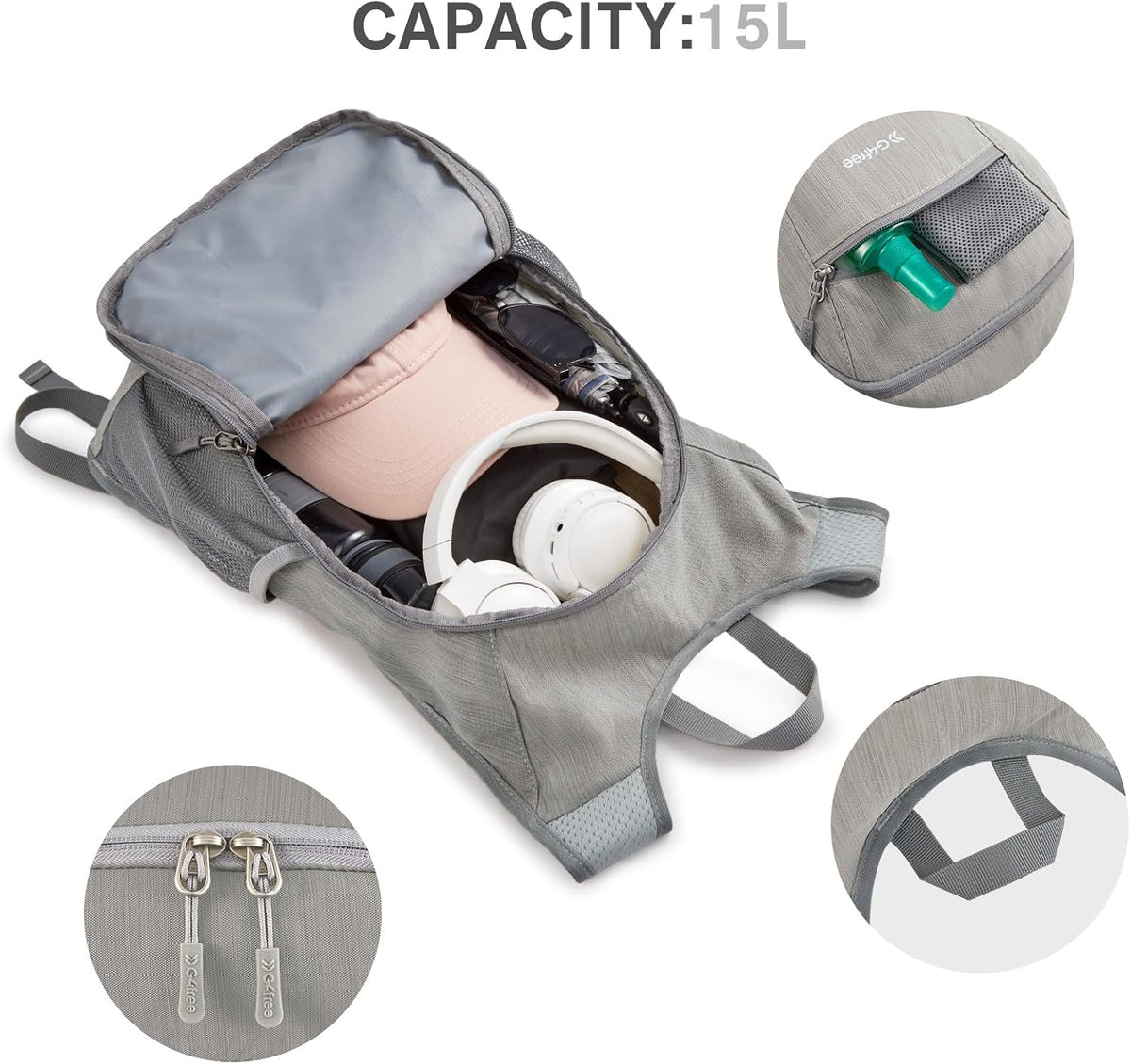15L Hiking Daypack Lightweight Travel Backpack Packable Outdoor Casual Foldable Shoulder Bag (Beige)