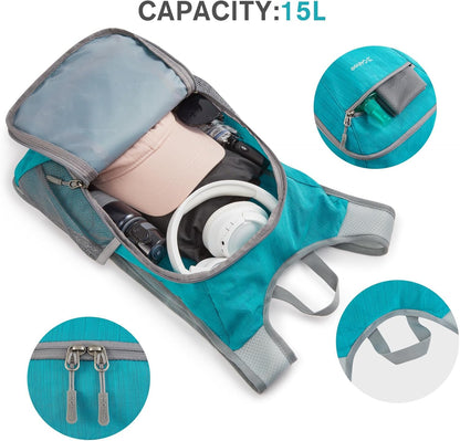 15L Hiking Daypack Lightweight Travel Backpack Packable Outdoor Casual Foldable Shoulder Bag (Beige)