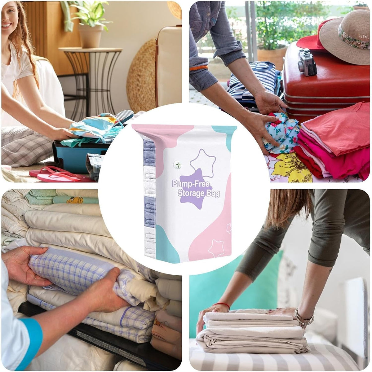 Compression Packing Cubes | No Pump Space Saver Packaging Pouch | Compression Laundry Bags | for Travel Luggage Suitcase Home Closet Comforter Down Jacket