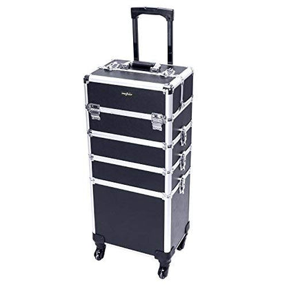 mefeir 4 in 1 Rolling Makeup Train Case, Aluminum Makeup Travel Organizer Cosmetic Case, Cosmetology Display Suitcase on Wheels, Beauty Storage Luggage Lockable w/4 Removable Wheels (Pink)