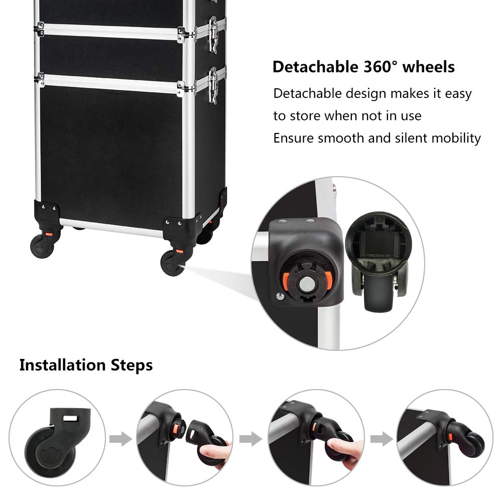 mefeir 4 in 1 Rolling Makeup Train Case, Aluminum Makeup Travel Organizer Cosmetic Case, Cosmetology Display Suitcase on Wheels, Beauty Storage Luggage Lockable w/4 Removable Wheels (Pink)