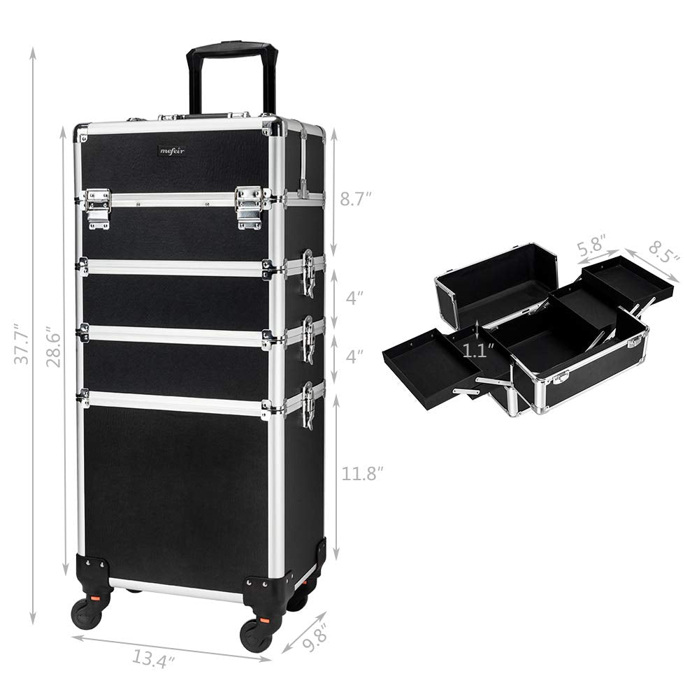 mefeir 4 in 1 Rolling Makeup Train Case, Aluminum Makeup Travel Organizer Cosmetic Case, Cosmetology Display Suitcase on Wheels, Beauty Storage Luggage Lockable w/4 Removable Wheels (Pink)