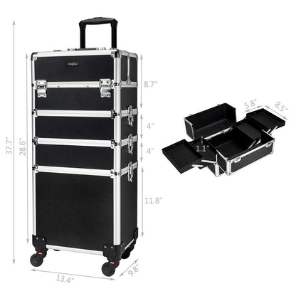 mefeir 4 in 1 Rolling Makeup Train Case, Aluminum Makeup Travel Organizer Cosmetic Case, Cosmetology Display Suitcase on Wheels, Beauty Storage Luggage Lockable w/4 Removable Wheels (Pink)