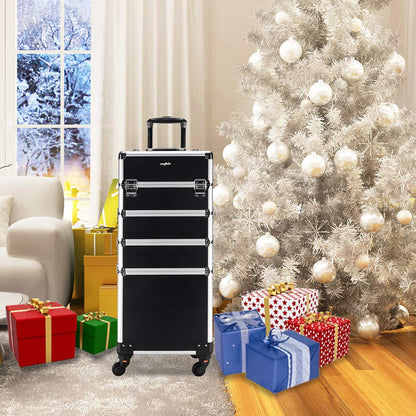 mefeir 4 in 1 Rolling Makeup Train Case, Aluminum Makeup Travel Organizer Cosmetic Case, Cosmetology Display Suitcase on Wheels, Beauty Storage Luggage Lockable w/4 Removable Wheels (Pink)