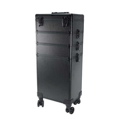 mefeir 4 in 1 Rolling Makeup Train Case, Aluminum Makeup Travel Organizer Cosmetic Case, Cosmetology Display Suitcase on Wheels, Beauty Storage Luggage Lockable w/4 Removable Wheels (Pink)