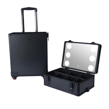 mefeir 4 in 1 Rolling Makeup Train Case, Aluminum Makeup Travel Organizer Cosmetic Case, Cosmetology Display Suitcase on Wheels, Beauty Storage Luggage Lockable w/4 Removable Wheels (Pink)