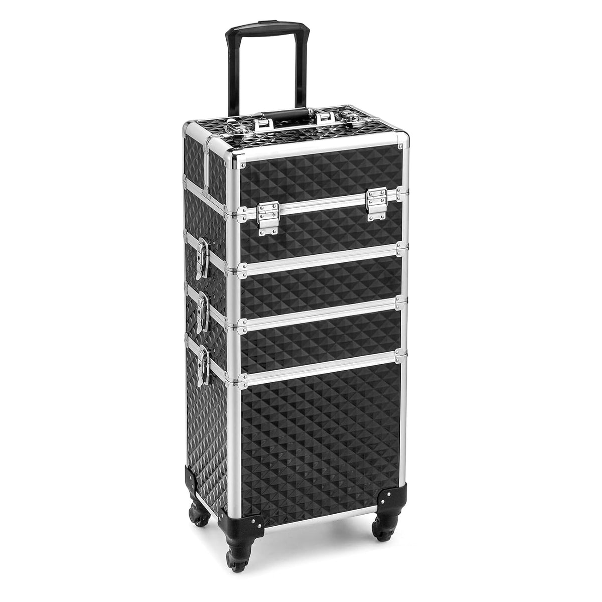 mefeir 4 in 1 Rolling Makeup Train Case, Aluminum Makeup Travel Organizer Cosmetic Case, Cosmetology Display Suitcase on Wheels, Beauty Storage Luggage Lockable w/4 Removable Wheels (Pink)