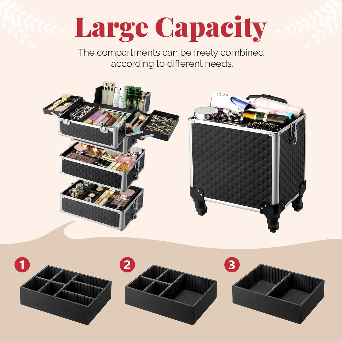 mefeir 4 in 1 Rolling Makeup Train Case, Aluminum Makeup Travel Organizer Cosmetic Case, Cosmetology Display Suitcase on Wheels, Beauty Storage Luggage Lockable w/4 Removable Wheels (Pink)