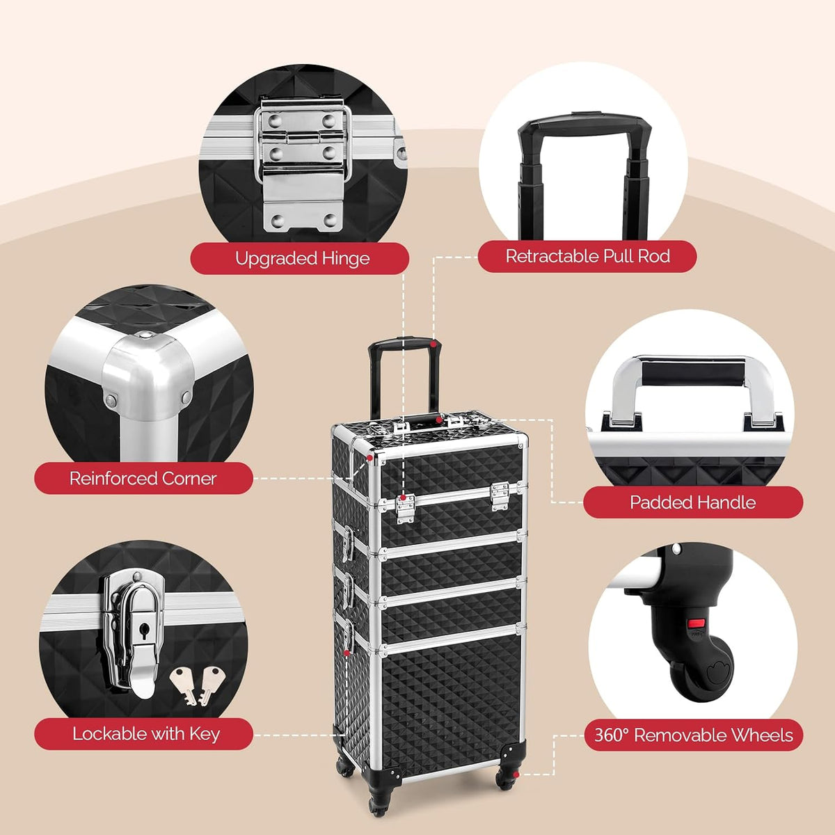mefeir 4 in 1 Rolling Makeup Train Case, Aluminum Makeup Travel Organizer Cosmetic Case, Cosmetology Display Suitcase on Wheels, Beauty Storage Luggage Lockable w/4 Removable Wheels (Pink)