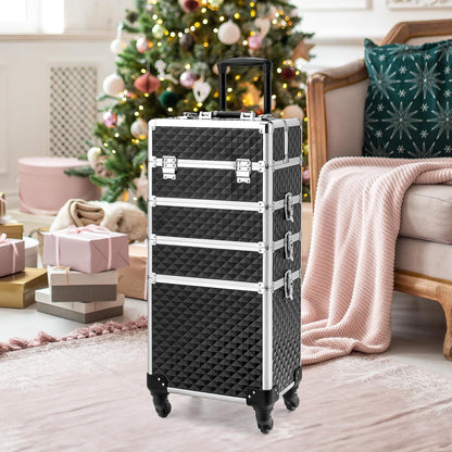 mefeir 4 in 1 Rolling Makeup Train Case, Aluminum Makeup Travel Organizer Cosmetic Case, Cosmetology Display Suitcase on Wheels, Beauty Storage Luggage Lockable w/4 Removable Wheels (Pink)