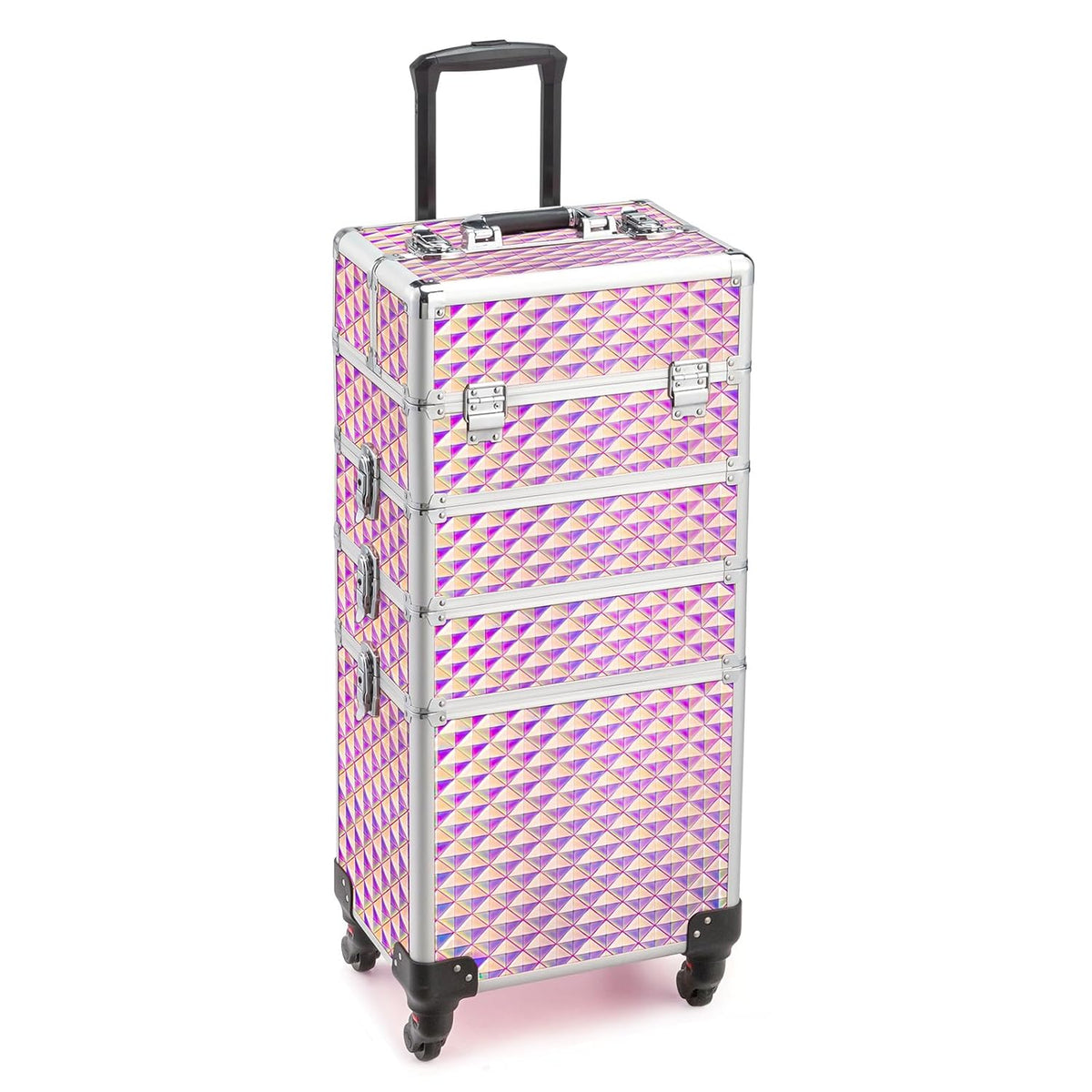 mefeir 4 in 1 Rolling Makeup Train Case, Aluminum Makeup Travel Organizer Cosmetic Case, Cosmetology Display Suitcase on Wheels, Beauty Storage Luggage Lockable w/4 Removable Wheels (Pink)