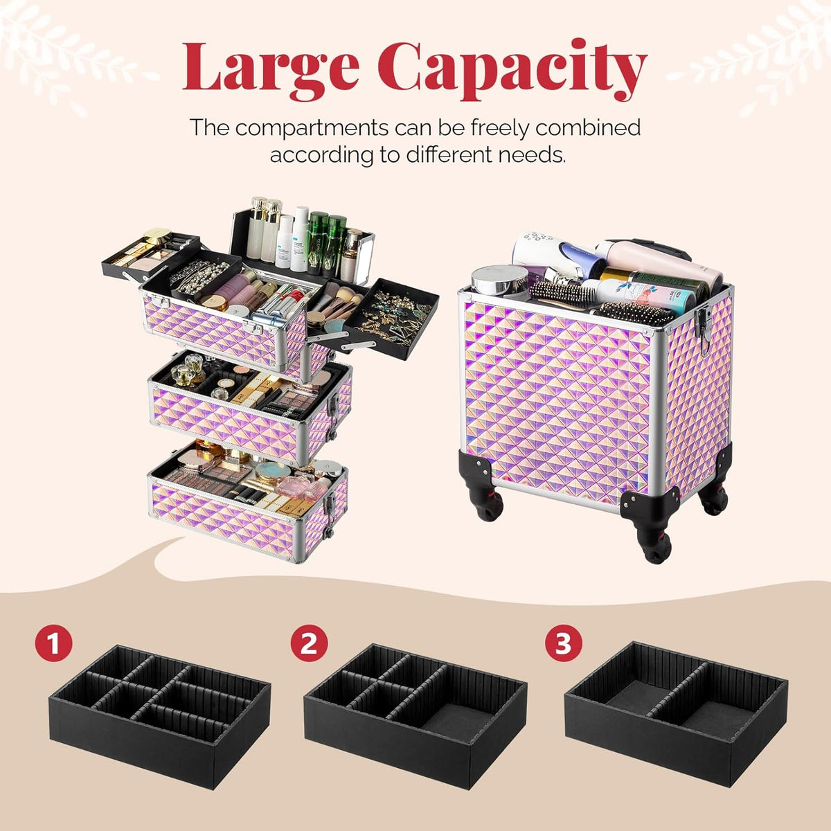 mefeir 4 in 1 Rolling Makeup Train Case, Aluminum Makeup Travel Organizer Cosmetic Case, Cosmetology Display Suitcase on Wheels, Beauty Storage Luggage Lockable w/4 Removable Wheels (Pink)