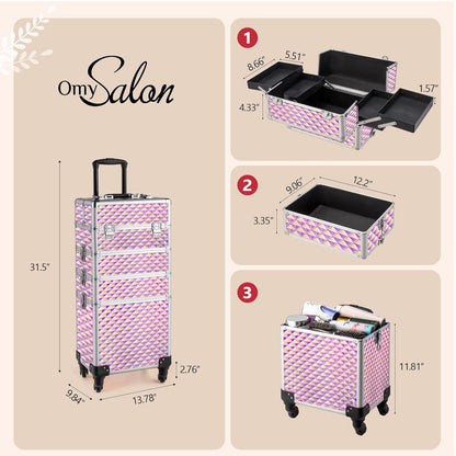 mefeir 4 in 1 Rolling Makeup Train Case, Aluminum Makeup Travel Organizer Cosmetic Case, Cosmetology Display Suitcase on Wheels, Beauty Storage Luggage Lockable w/4 Removable Wheels (Pink)