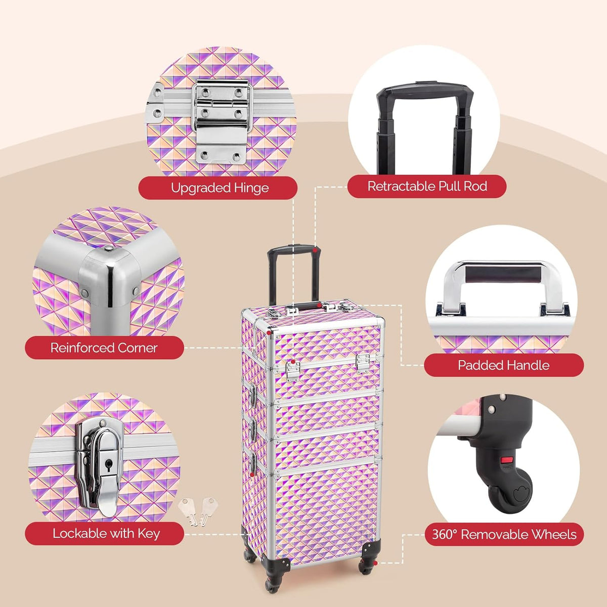 mefeir 4 in 1 Rolling Makeup Train Case, Aluminum Makeup Travel Organizer Cosmetic Case, Cosmetology Display Suitcase on Wheels, Beauty Storage Luggage Lockable w/4 Removable Wheels (Pink)