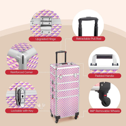 mefeir 4 in 1 Rolling Makeup Train Case, Aluminum Makeup Travel Organizer Cosmetic Case, Cosmetology Display Suitcase on Wheels, Beauty Storage Luggage Lockable w/4 Removable Wheels (Pink)