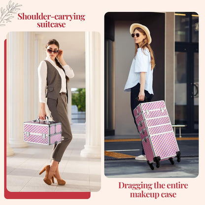 mefeir 4 in 1 Rolling Makeup Train Case, Aluminum Makeup Travel Organizer Cosmetic Case, Cosmetology Display Suitcase on Wheels, Beauty Storage Luggage Lockable w/4 Removable Wheels (Pink)