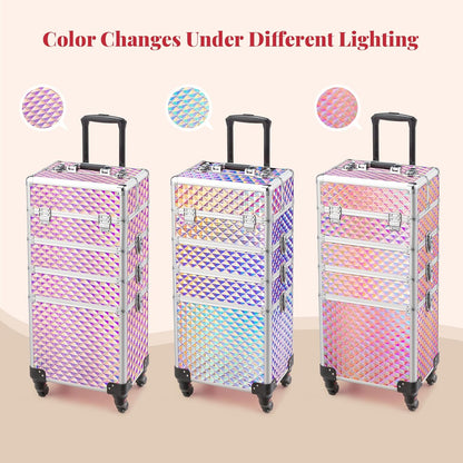 mefeir 4 in 1 Rolling Makeup Train Case, Aluminum Makeup Travel Organizer Cosmetic Case, Cosmetology Display Suitcase on Wheels, Beauty Storage Luggage Lockable w/4 Removable Wheels (Pink)
