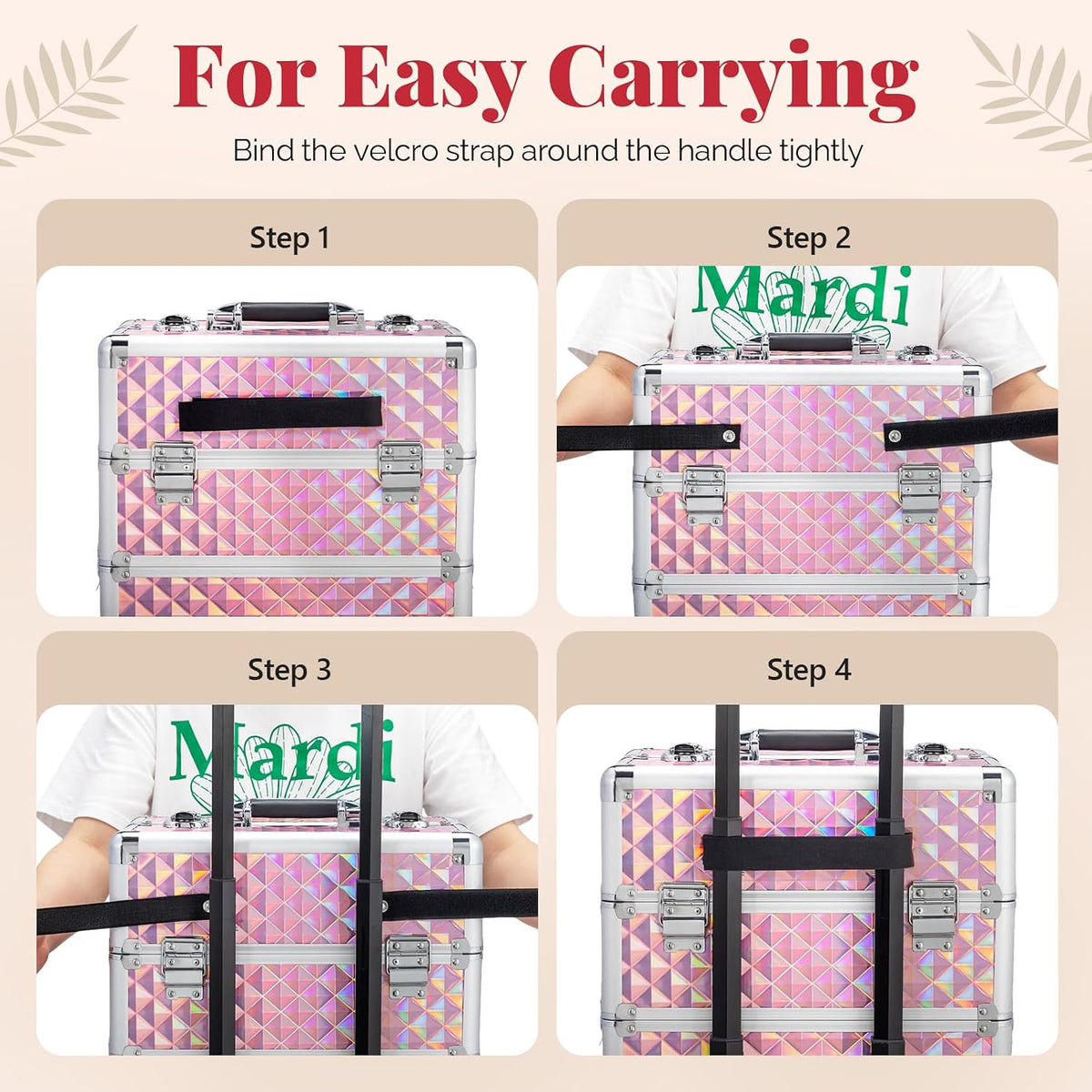 mefeir 4 in 1 Rolling Makeup Train Case, Aluminum Makeup Travel Organizer Cosmetic Case, Cosmetology Display Suitcase on Wheels, Beauty Storage Luggage Lockable w/4 Removable Wheels (Pink)
