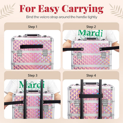 mefeir 4 in 1 Rolling Makeup Train Case, Aluminum Makeup Travel Organizer Cosmetic Case, Cosmetology Display Suitcase on Wheels, Beauty Storage Luggage Lockable w/4 Removable Wheels (Pink)